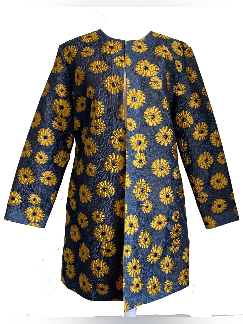Grace Chuang New York Daisy Floral Crinkle Open Front Asian Jacket Gold Blue